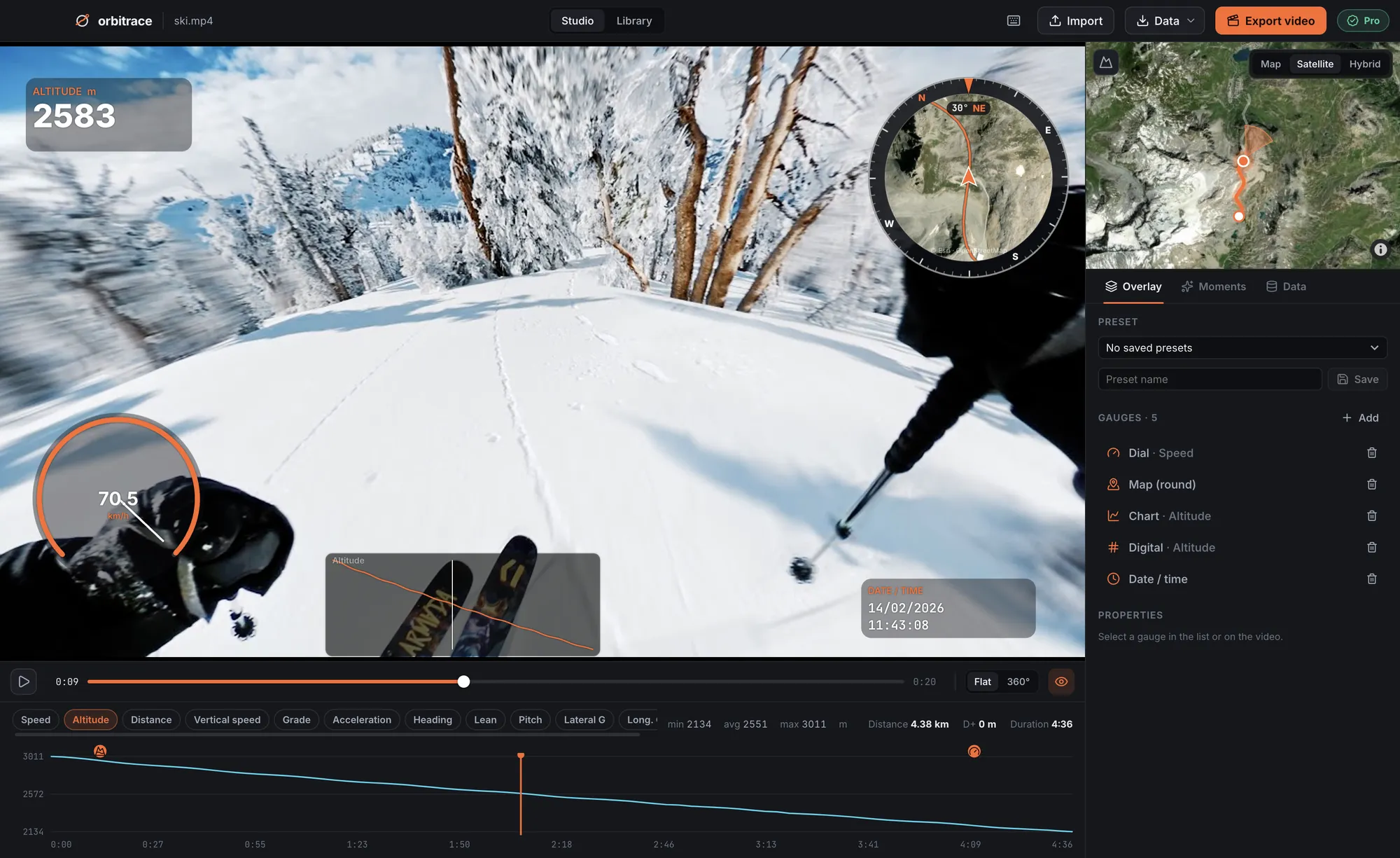 Insta360 ski video in Orbitrace with speed, altitude and satellite map gauges