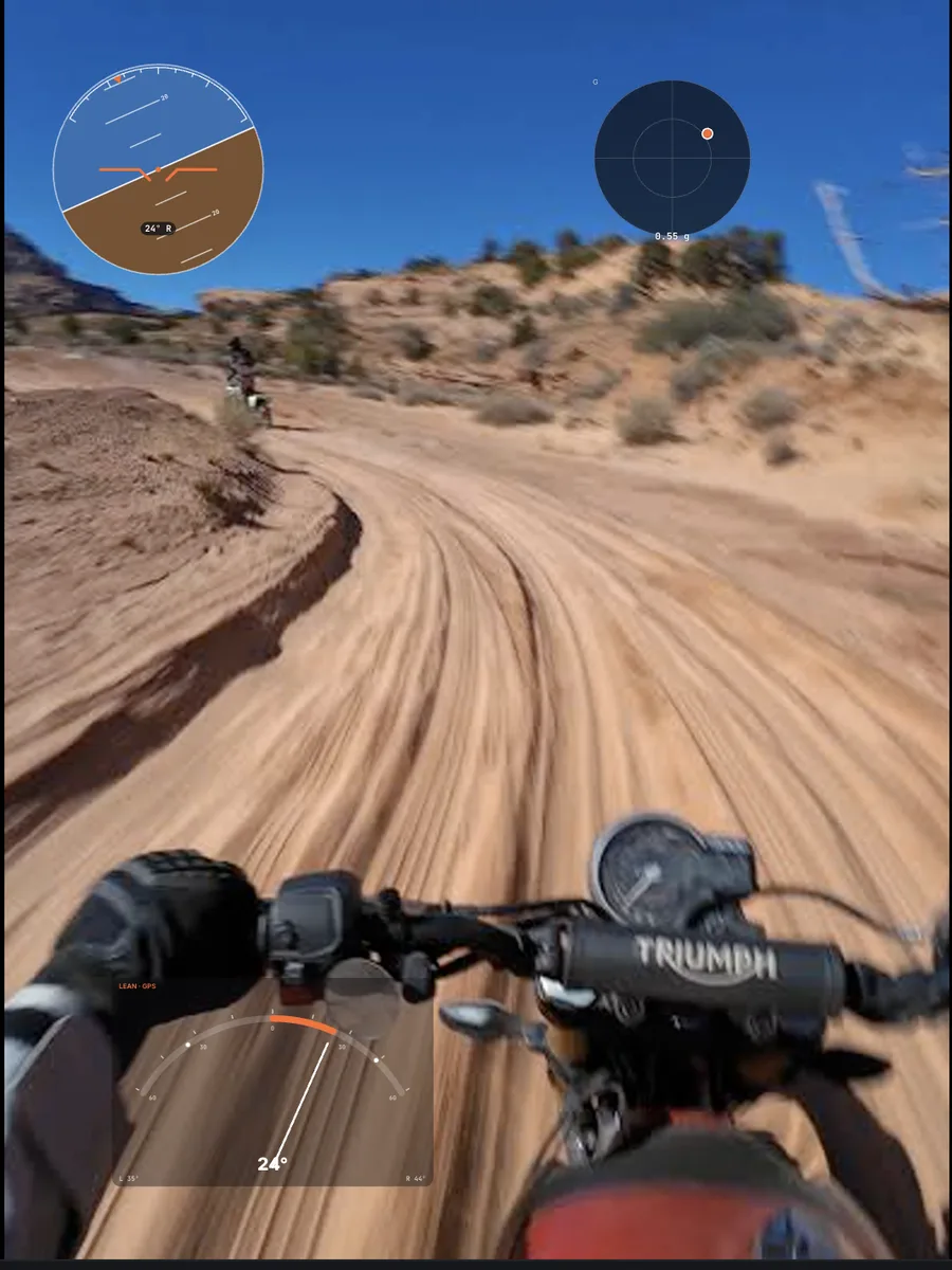 Vertical motorcycle video with attitude indicator top left, G-force top right and lean angle at the bottom