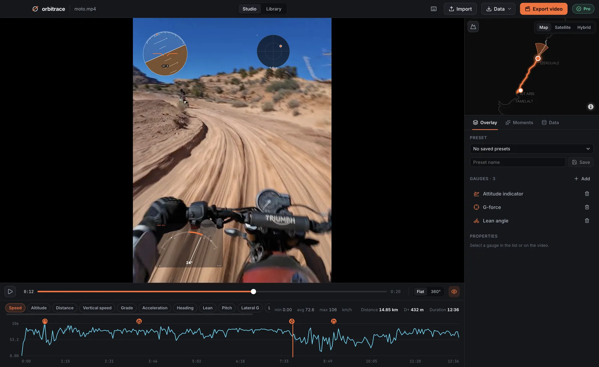 GoPro motorcycle video in Orbitrace with attitude indicator, G-force and lean angle