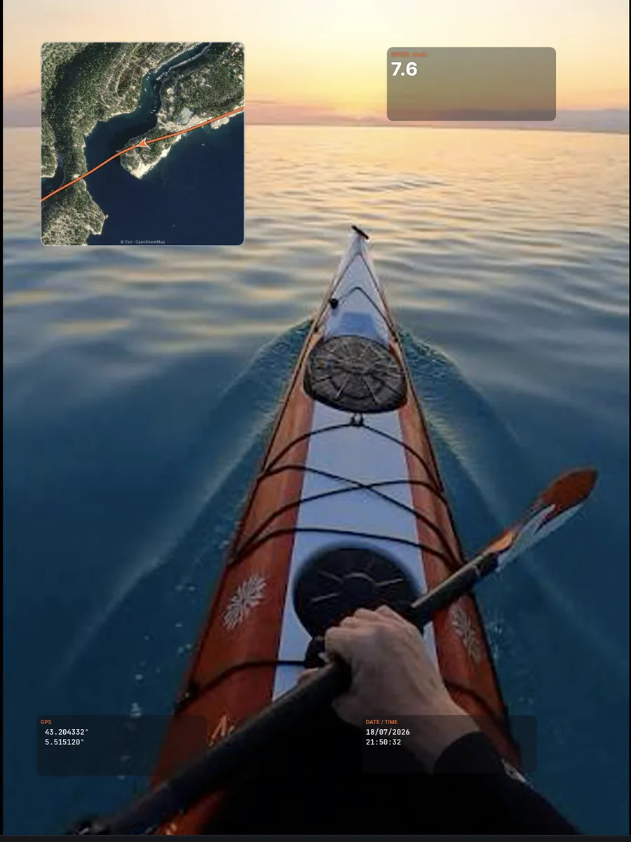 Kayak video with satellite map, speed, GPS coordinates and time