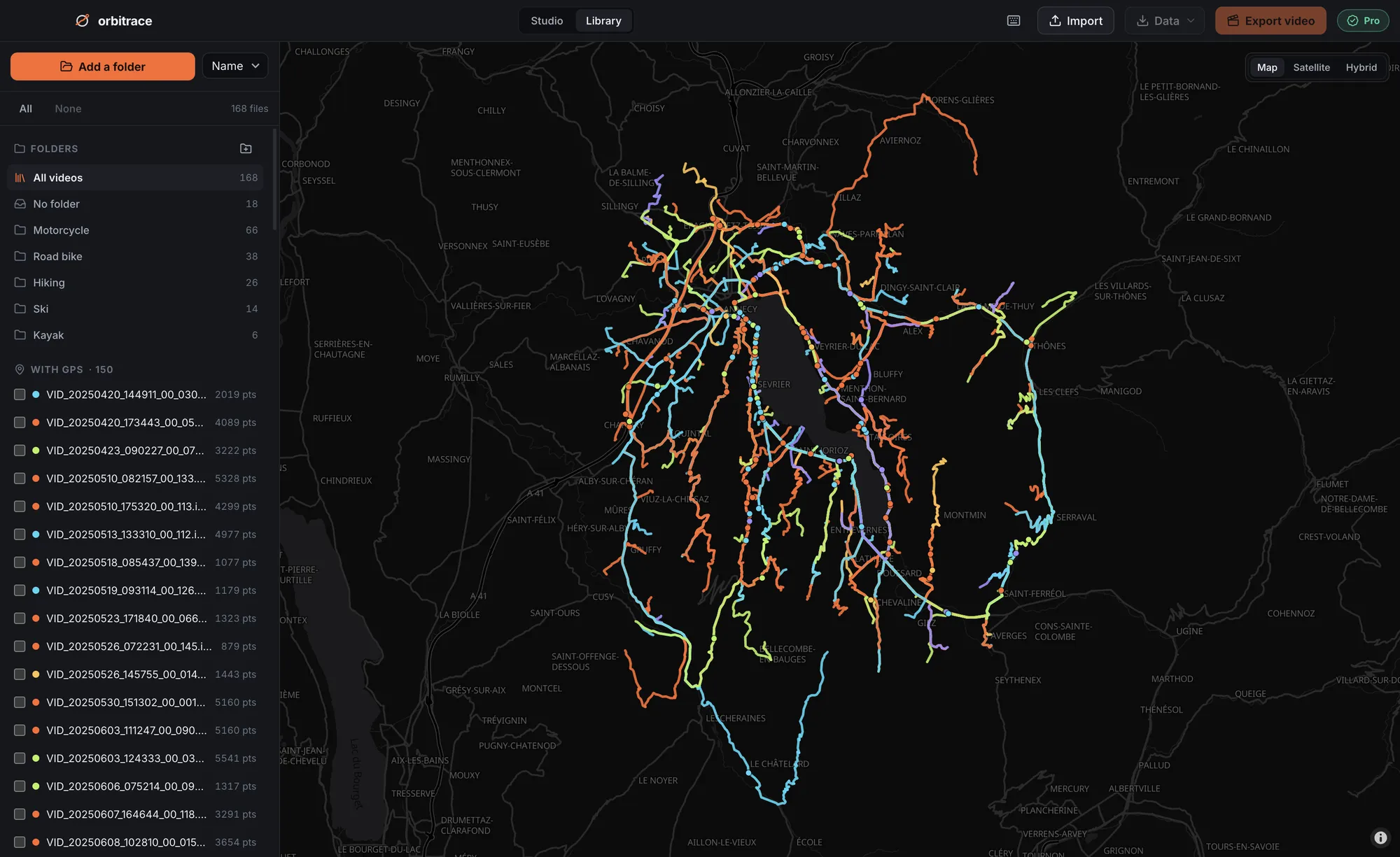 GPS tracks from 360° videos on a map in Orbitrace’s library