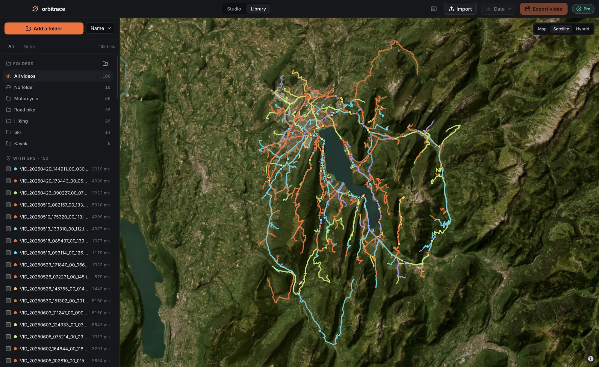 150 GPS tracks recorded by cameras and watches, shown on a satellite map