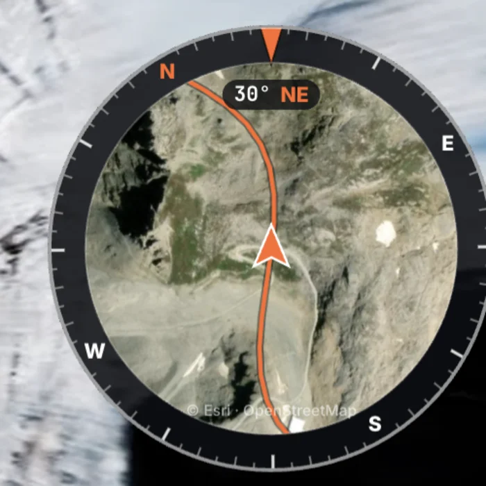 Round satellite map gauge, compass ring and heading in degrees
