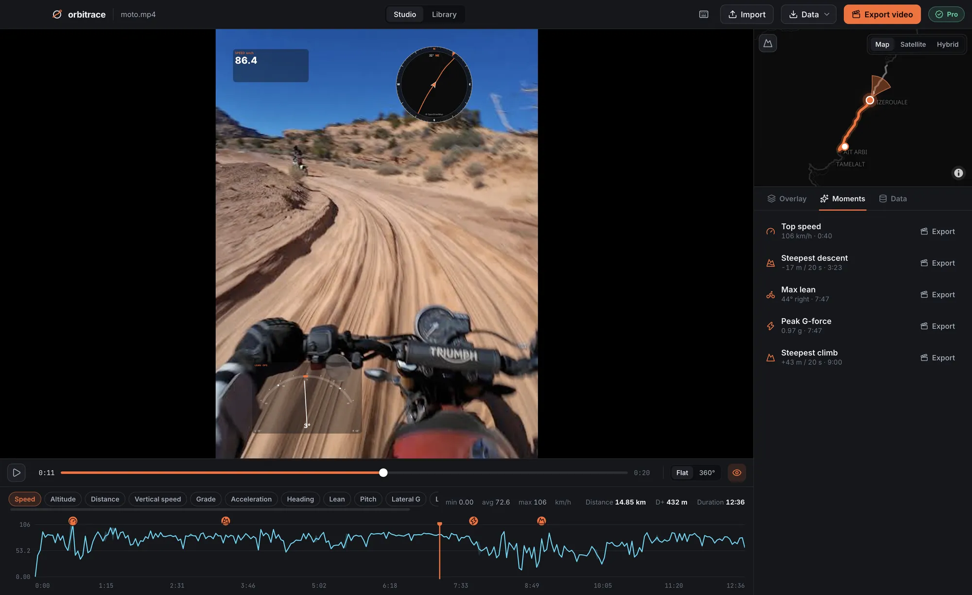 Orbitrace on a motorcycle video with lean angle and highlights