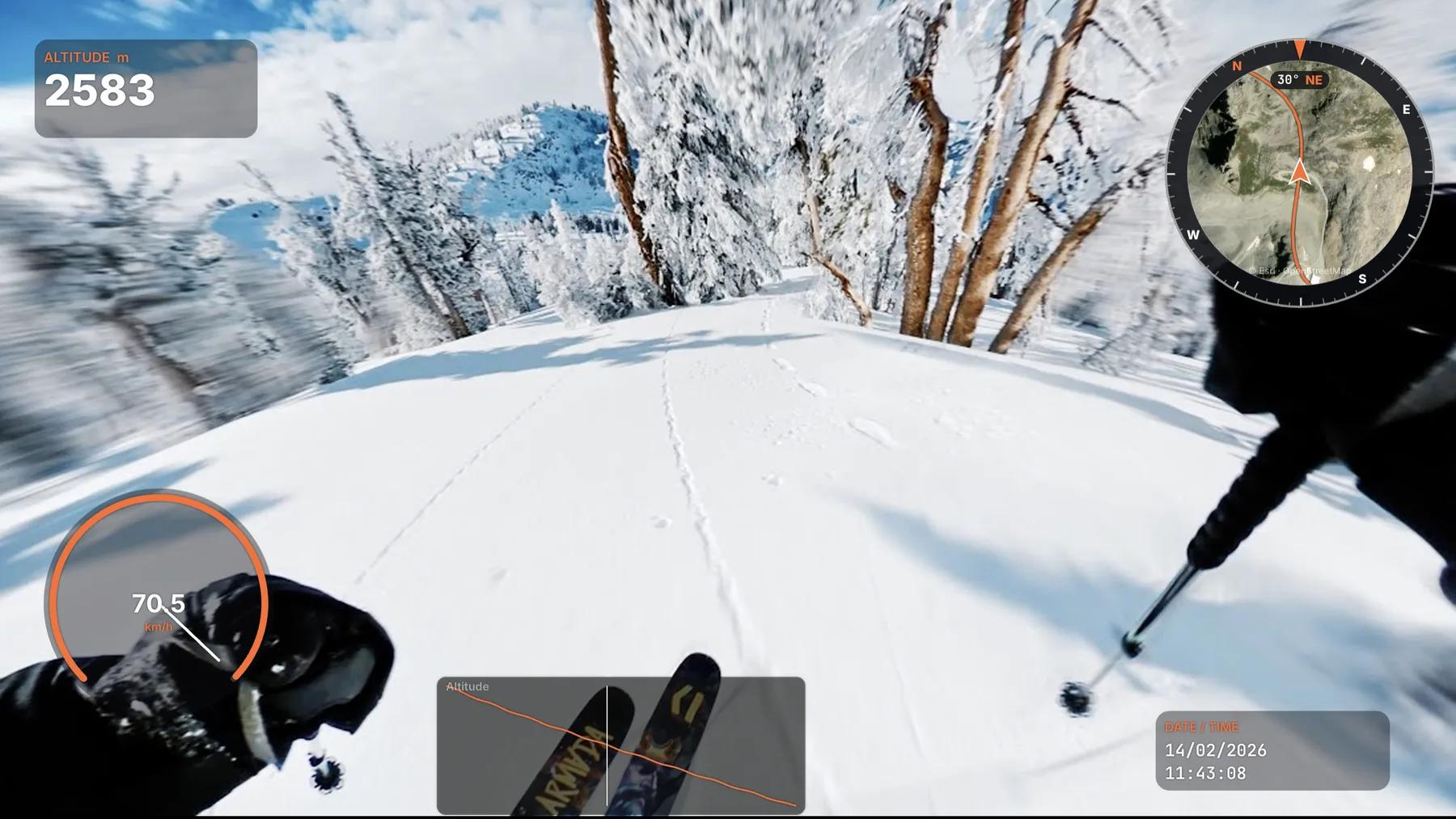 Ski video with speed dial, altitude chart and round map gauge