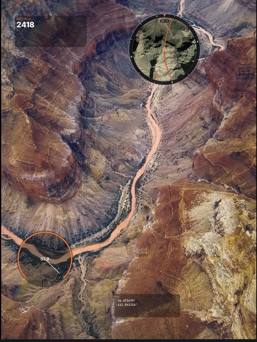 Vuelo de dron DJI sobre el Gran Cañón con indicadores de altitud, velocidad y mapa satelital