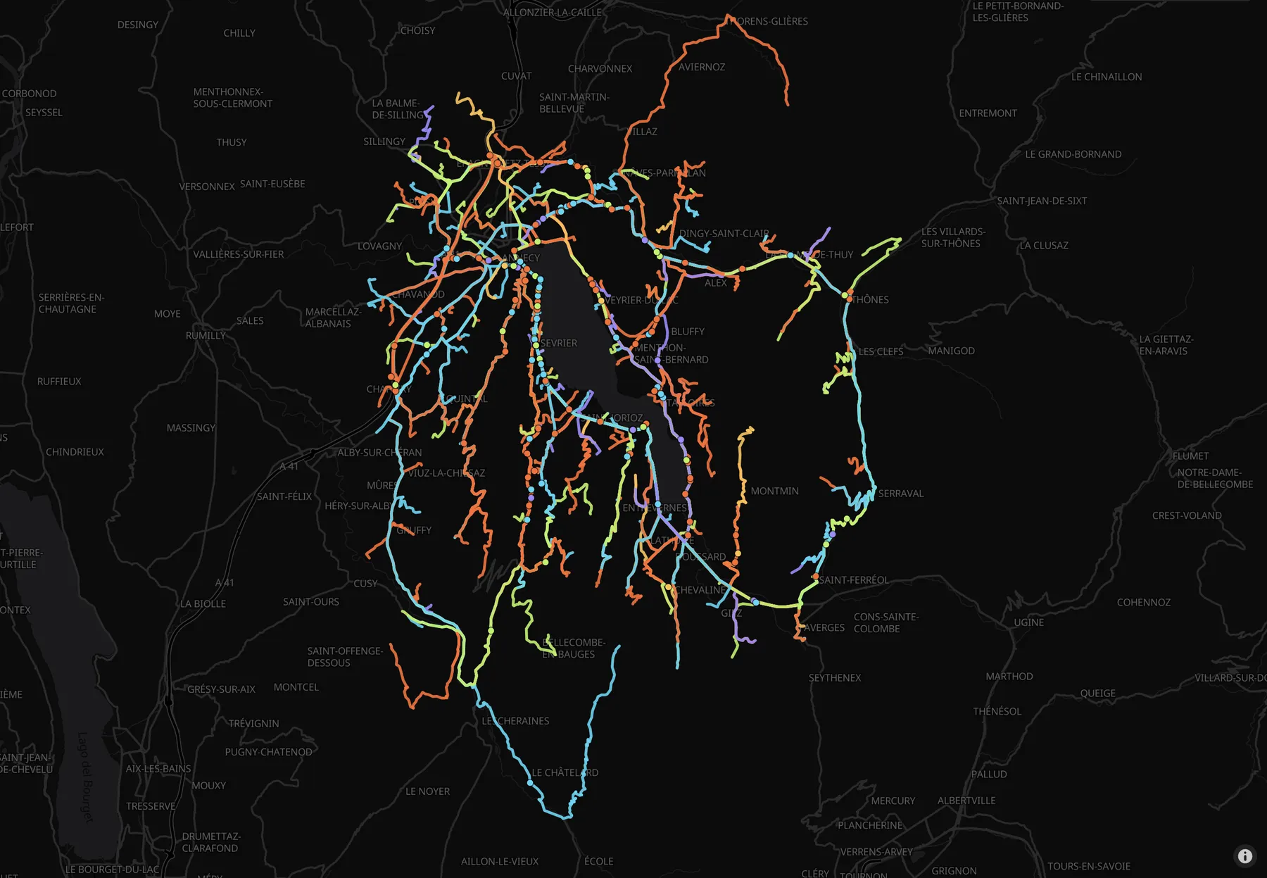Mapa de la biblioteca con 150 trazas GPS alrededor del lago de Annecy