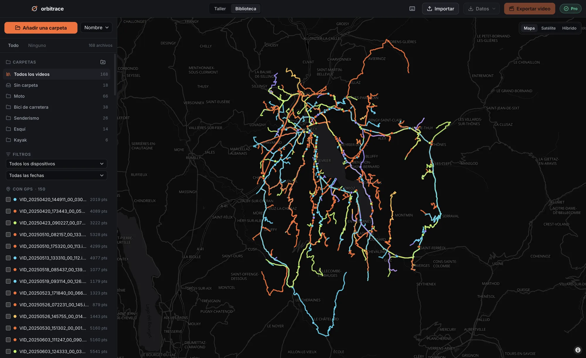 Trazas GPS de videos 360° en un mapa de la biblioteca de Orbitrace