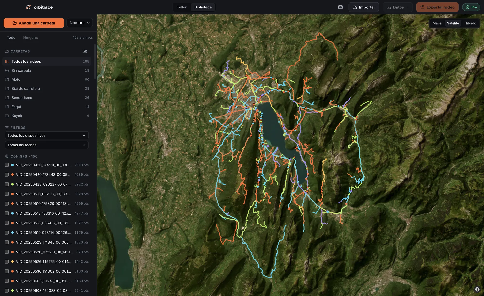 150 trazas GPS grabadas por cámaras y relojes, sobre un mapa satelital