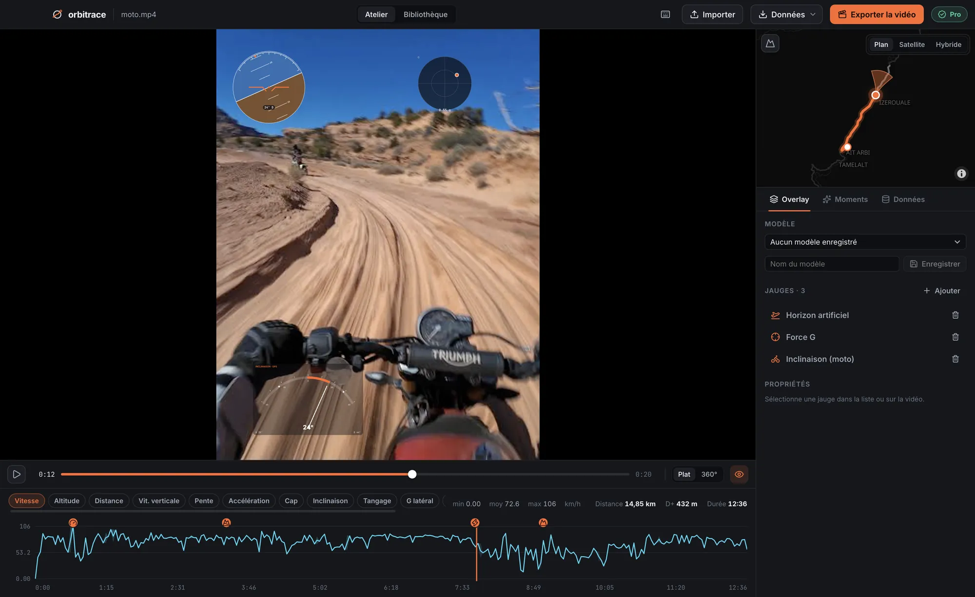 Vidéo moto GoPro dans Orbitrace avec horizon artificiel, force G et inclinaison