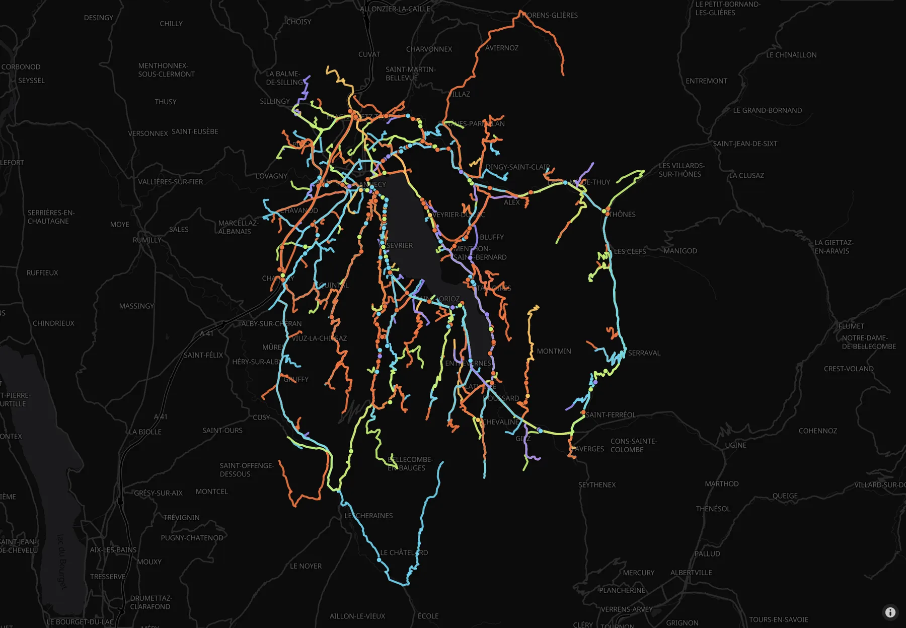Carte de la bibliothèque avec 150 traces GPS autour du lac d’Annecy