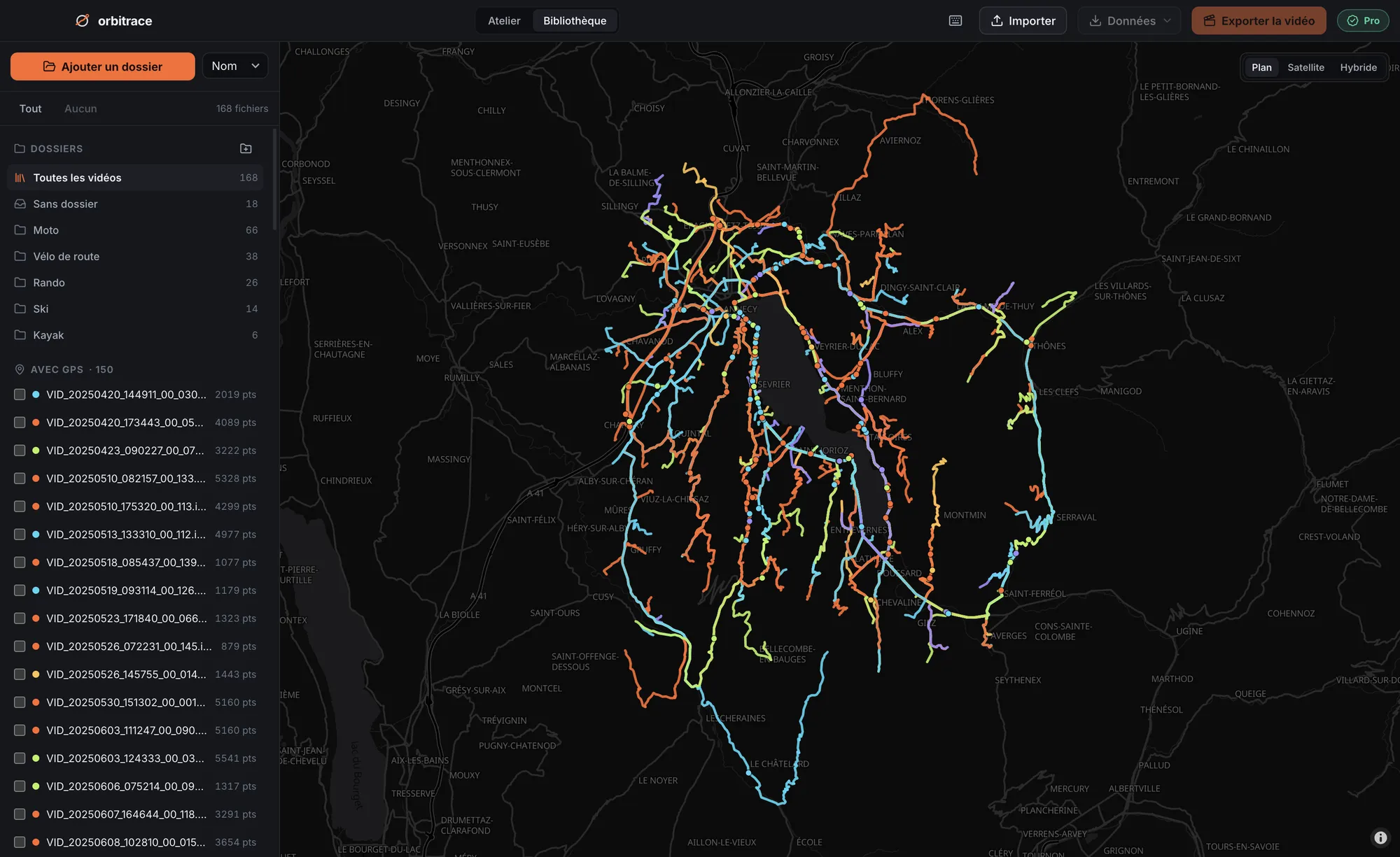 Traces GPS de vidéos 360° sur la carte de la bibliothèque d’Orbitrace