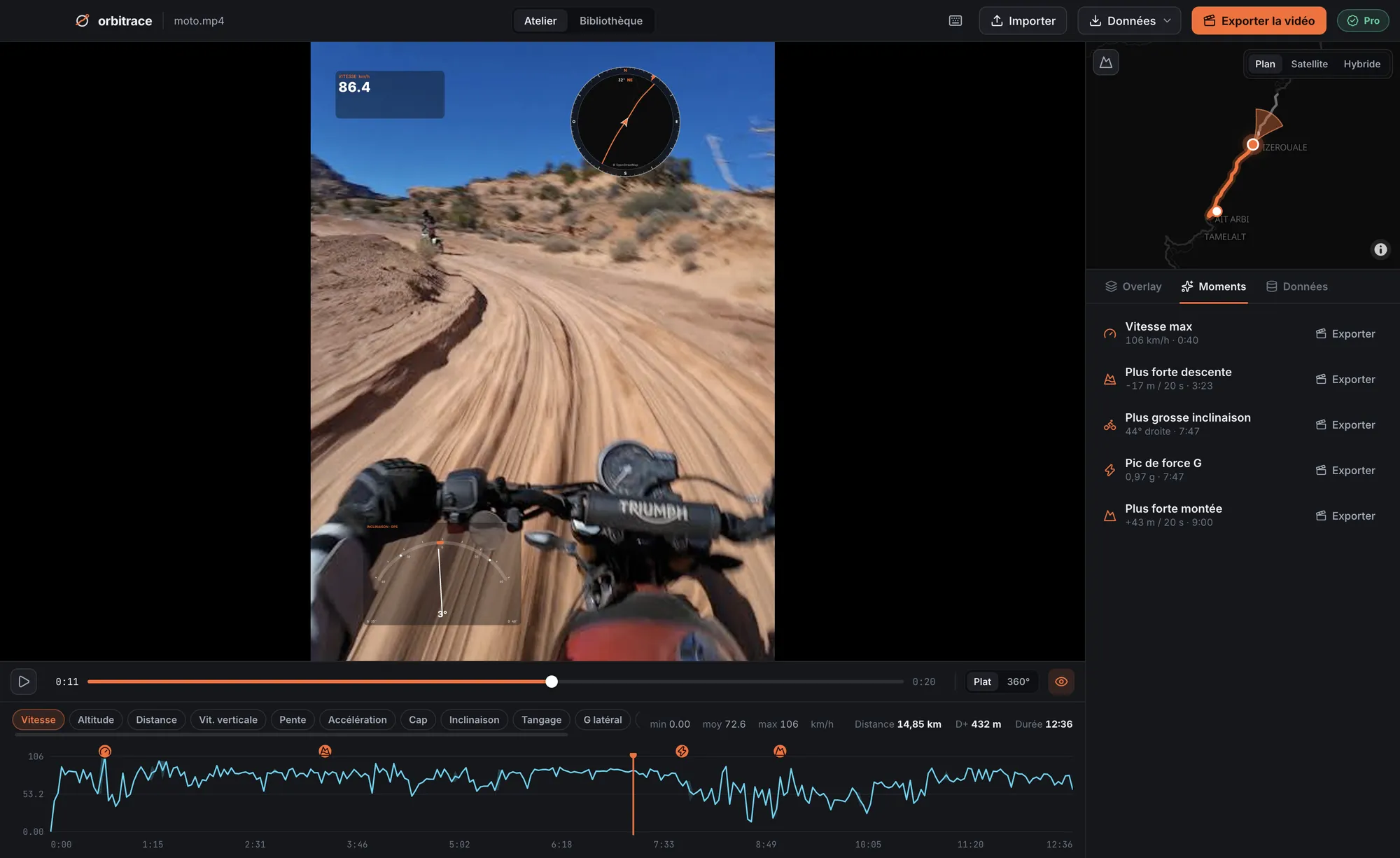 Orbitrace sur une vidéo moto avec inclinaison et moments forts