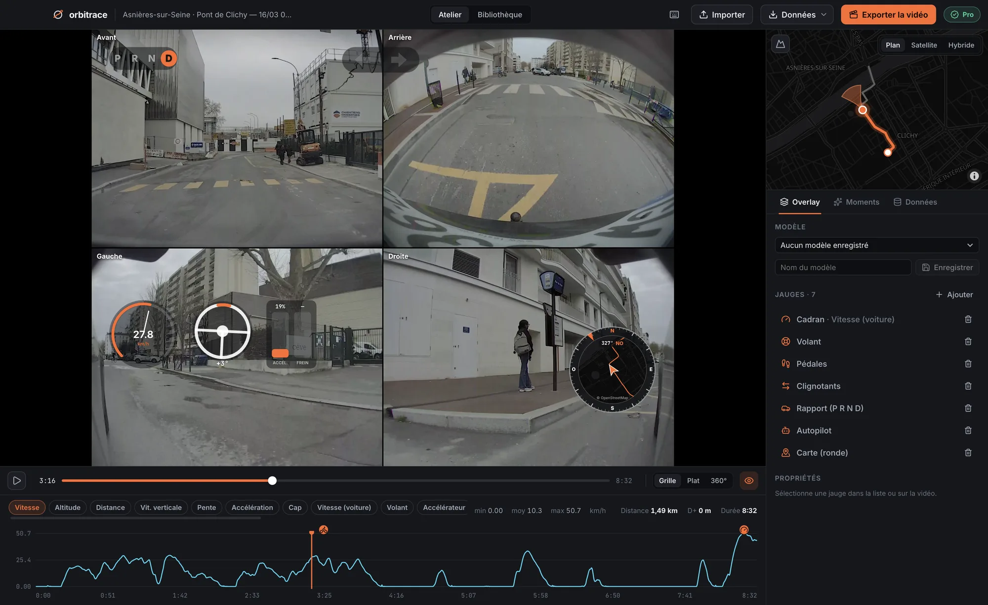 Trajet TeslaCam dans Orbitrace : quatre caméras en grille avec jauges de vitesse, volant, pédales, rapport et carte